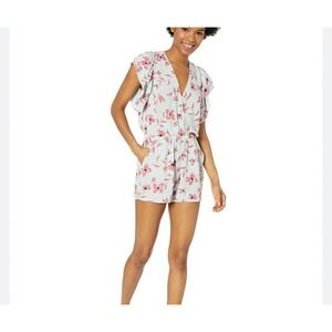 Billabong Ruffled Up Floral Green Pink Open Back Romper pockets floral SZ SM